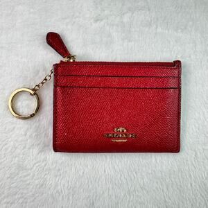 Coach Red Leather Zip Card Holder Keychain ID Wallet Gold Hardware Authentic